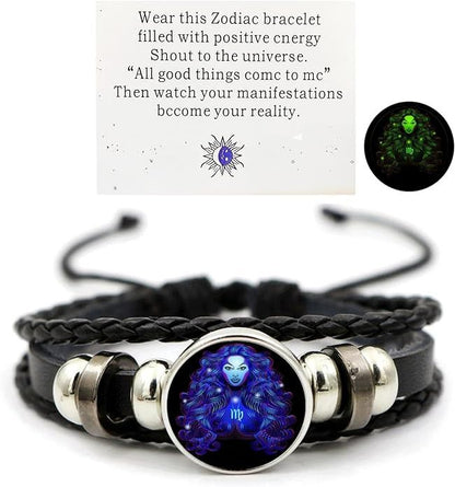 Zodiac Constellation Braided Design Black Leather Bracelet Adjustable