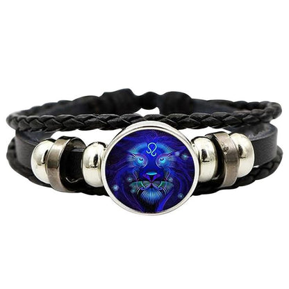 Zodiac Constellation Braided Design Black Leather Bracelet Adjustable