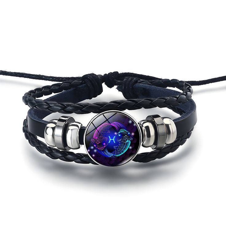 Zodiac Constellation Braided Design Black Leather Bracelet Adjustable