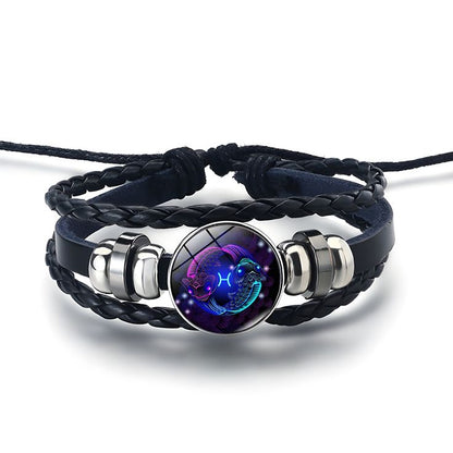 Zodiac Constellation Braided Design Black Leather Bracelet Adjustable