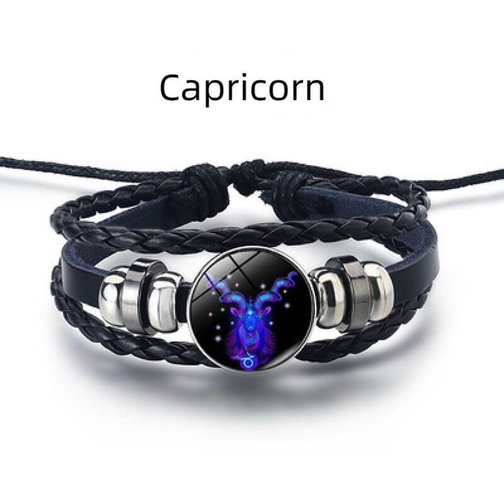 Zodiac Constellation Braided Design Black Leather Bracelet Adjustable