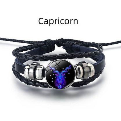 Zodiac Constellation Braided Design Black Leather Bracelet Adjustable