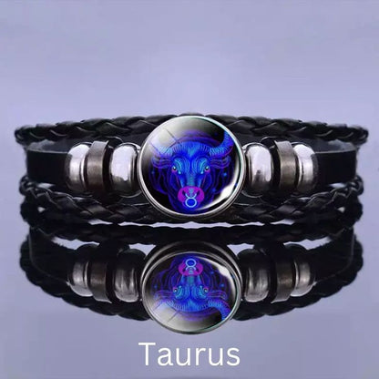 Zodiac Constellation Braided Design Black Leather Bracelet Adjustable