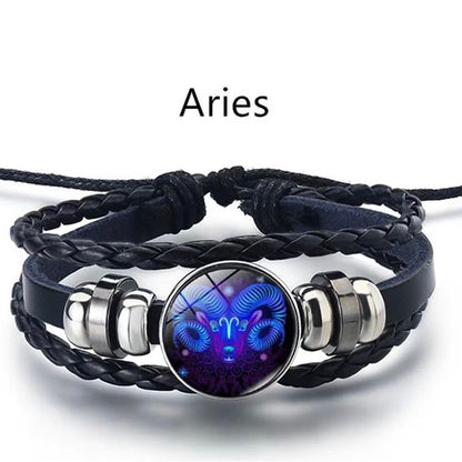 Zodiac Constellation Braided Design Black Leather Bracelet Adjustable