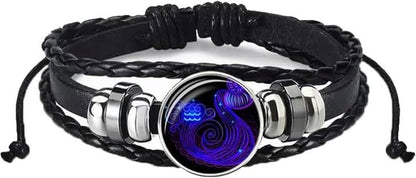 Zodiac Constellation Braided Design Black Leather Bracelet Adjustable